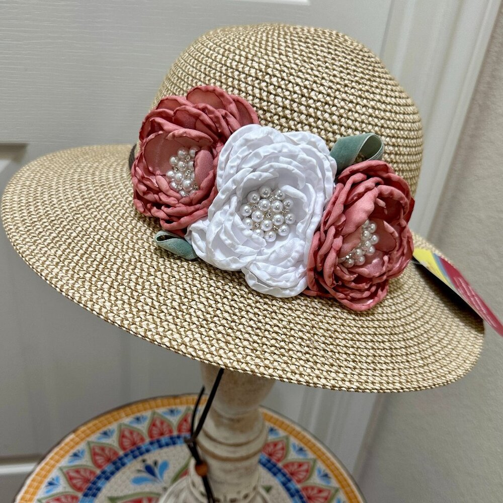 Elegant Women's Tweed Sun Hat With Satin Flowers And Pearls Wedding Tea Party